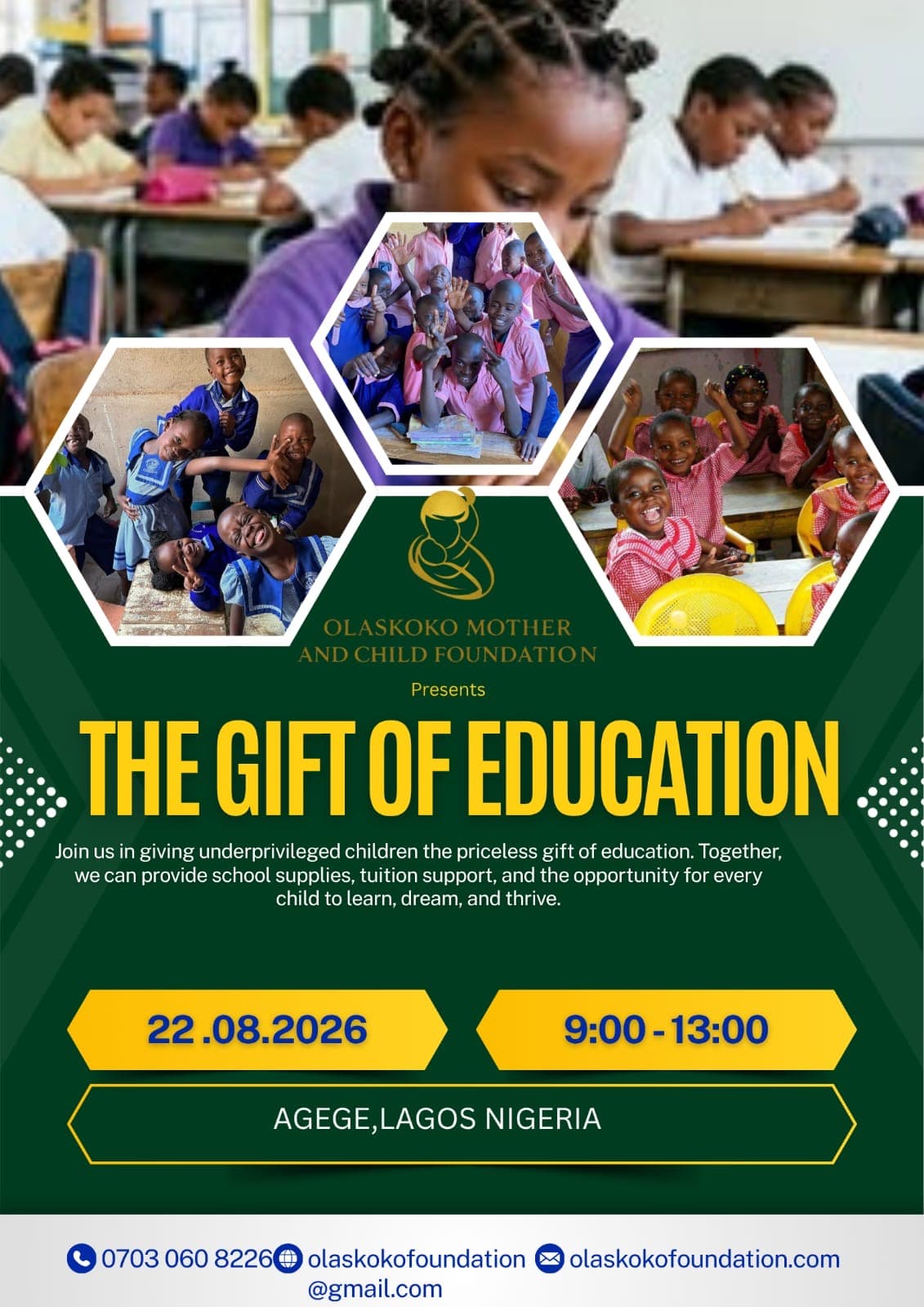 Flyer for The Gift of Education, 22 August 2026, Agege, Lagos